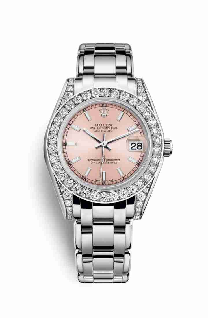 Rolex Pearlmaster 34 white gold lugs set diamonds 81159 Pink Dial