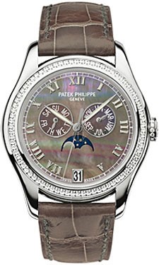 Fake Patek Philippe Black Mother of Pearl Dial 18kt White Gold Brown Leather Automatic Diamond Ladies Watch 4936G-001