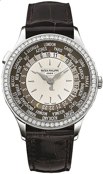 Fake Patek Philippe Brown and Ivory Dial 18kt White Gold Diamond Brown Leather Ladies Watch 7130G-001