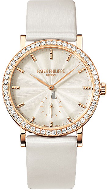 Fake Patek Philippe Calatrava Cream Dial 18kt Rose Gold Diamond Bezel Satin Ladies Watch 7120R