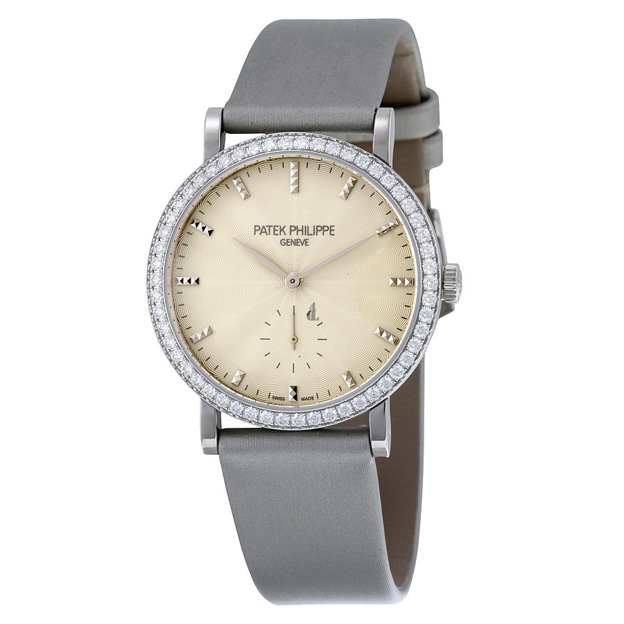 Fake Patek Philippe Calatrava Cream Guilloche Dial 18K White Gold Diamond Ladies Watch 7120G-001
