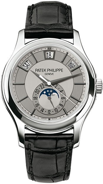 Fake Patek Philippe Complications Grey Dial 18k White Gold Black Leather Men's Watch 5205G-001