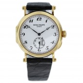 Fake Patek Philippe Calatrava White Dial Black Leather Strap Ladies Watch 3960J