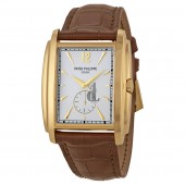Fake Patek Philippe Gondolo Silver Dial Yellow Gold Leather Men's Watch 5124J-001
