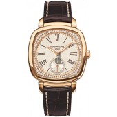 Fake Patek Philippe Silver Dial 18kt Rose Gold Diamond Brown Leather Ladies Watch 7041R